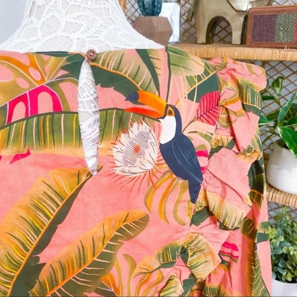 NWT Farm Rio Yasmine Ruffled Blouse Pink Combo Anthropologie Womens Top Tropical - Picture 10 of 14